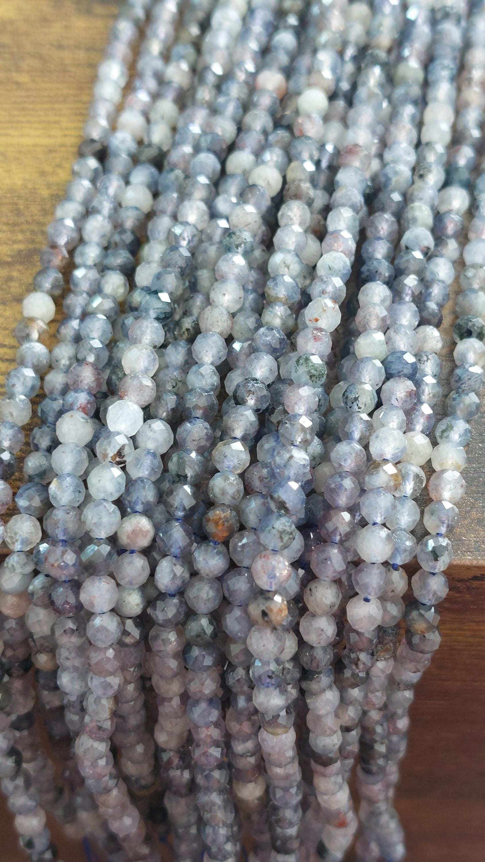 Natural Mixed Iolite & Rutilated Quartz Faceted Beads 4mm
