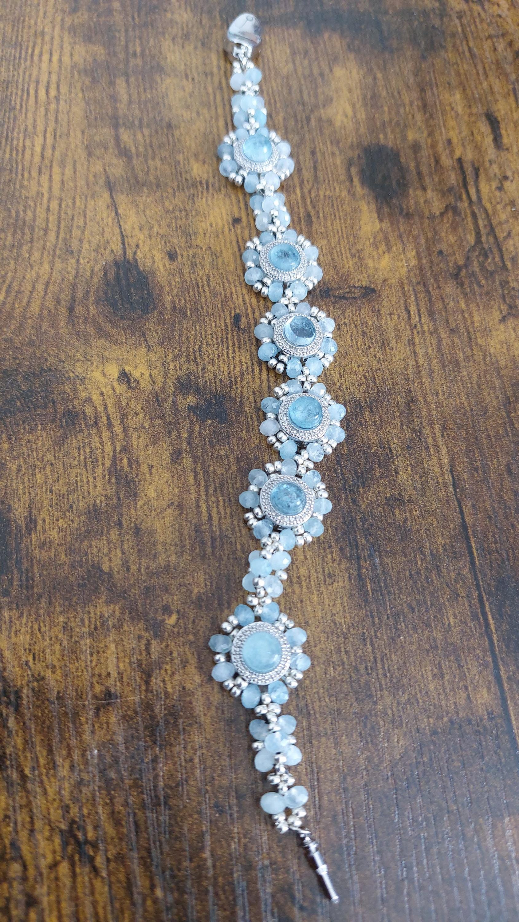 Aquamarine Beaded Bracelet: CZ & Miyuki Seed Bead Links