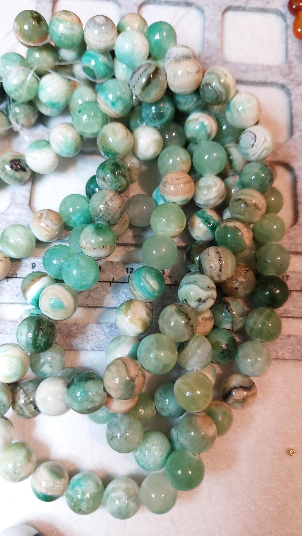 10mm natural Green Line Jasper beads, 15" strand