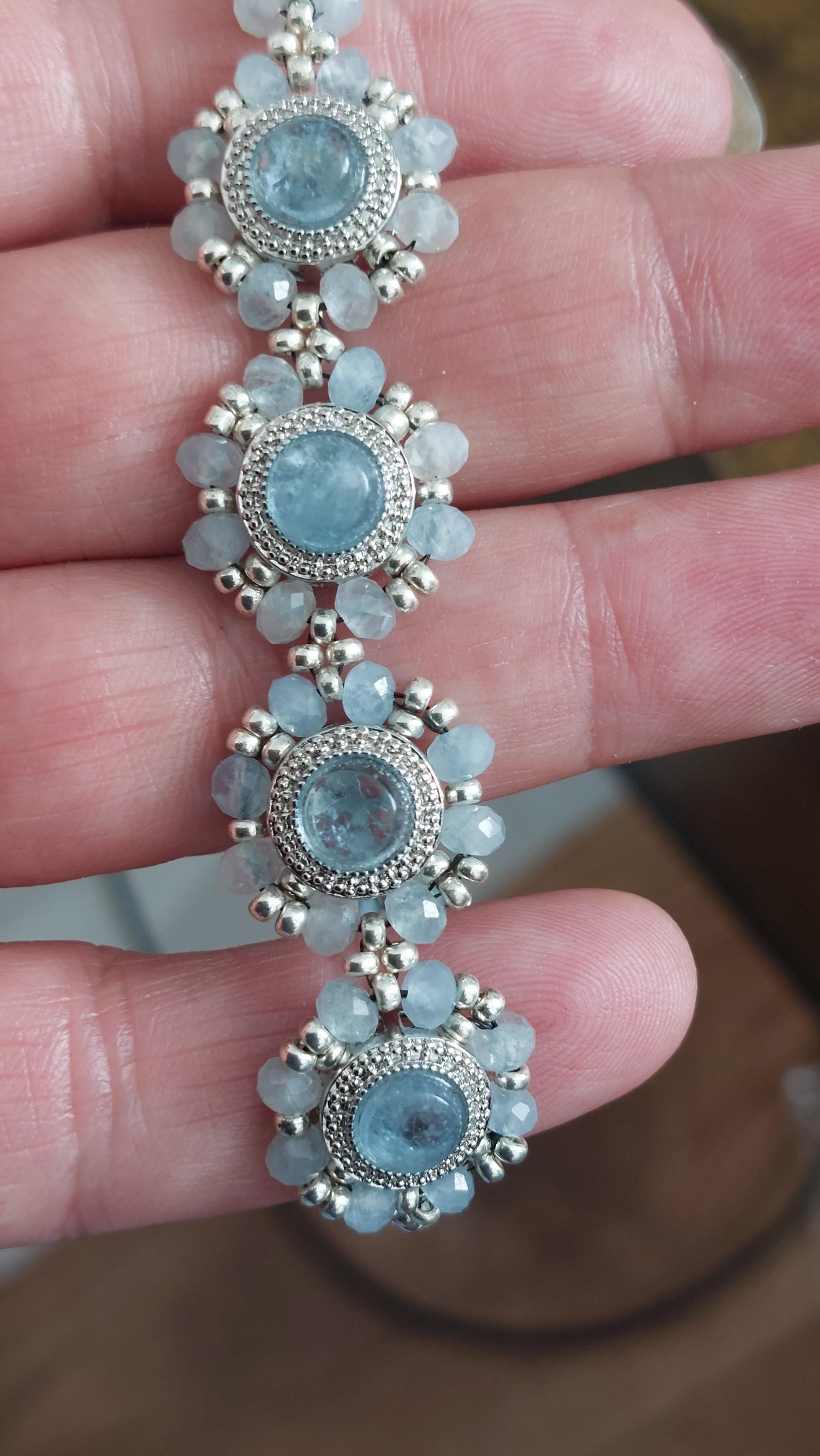 Aquamarine Beaded Bracelet: CZ & Miyuki Seed Bead Links