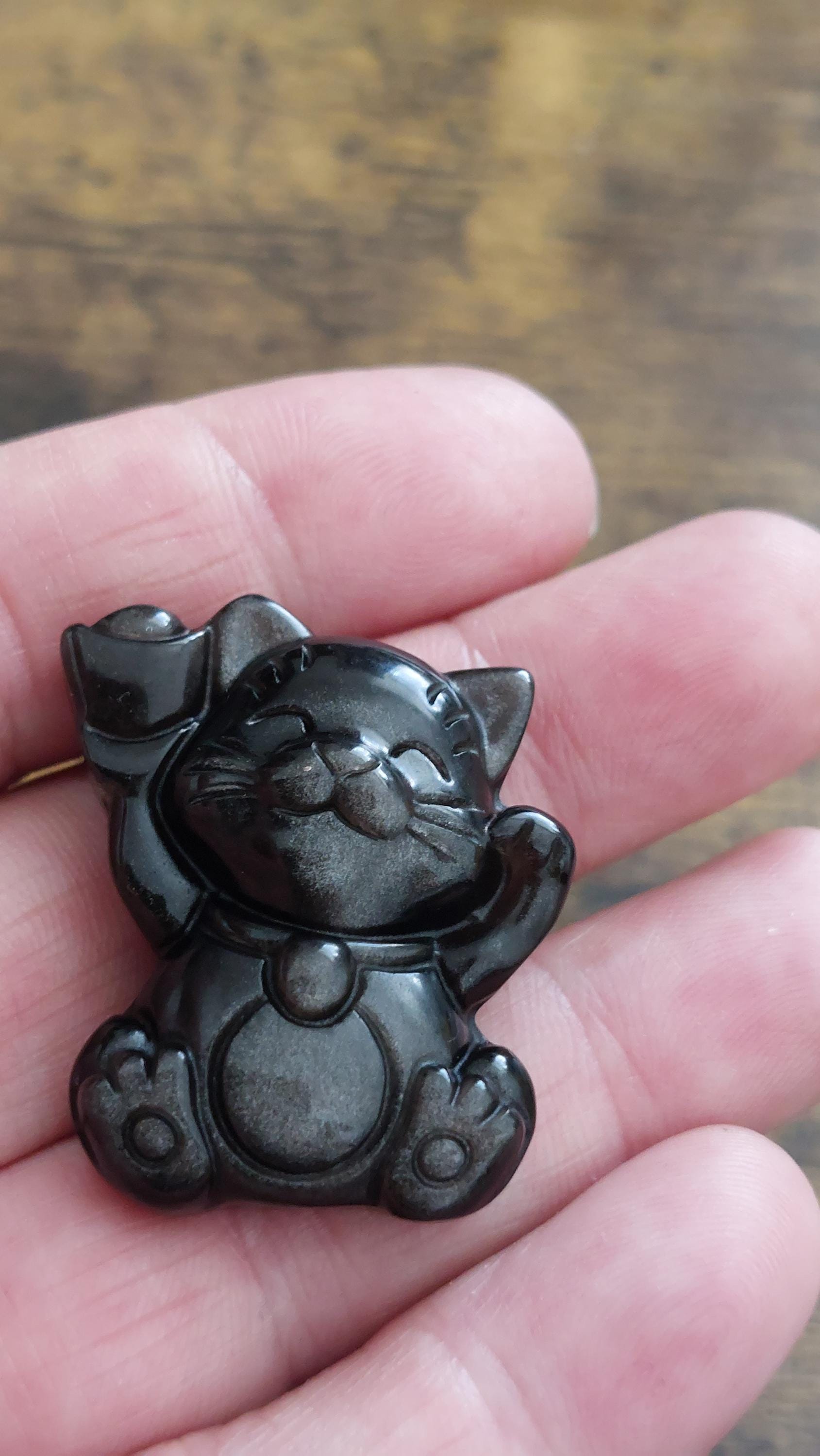 natural silver obsidian pendant fortune cat