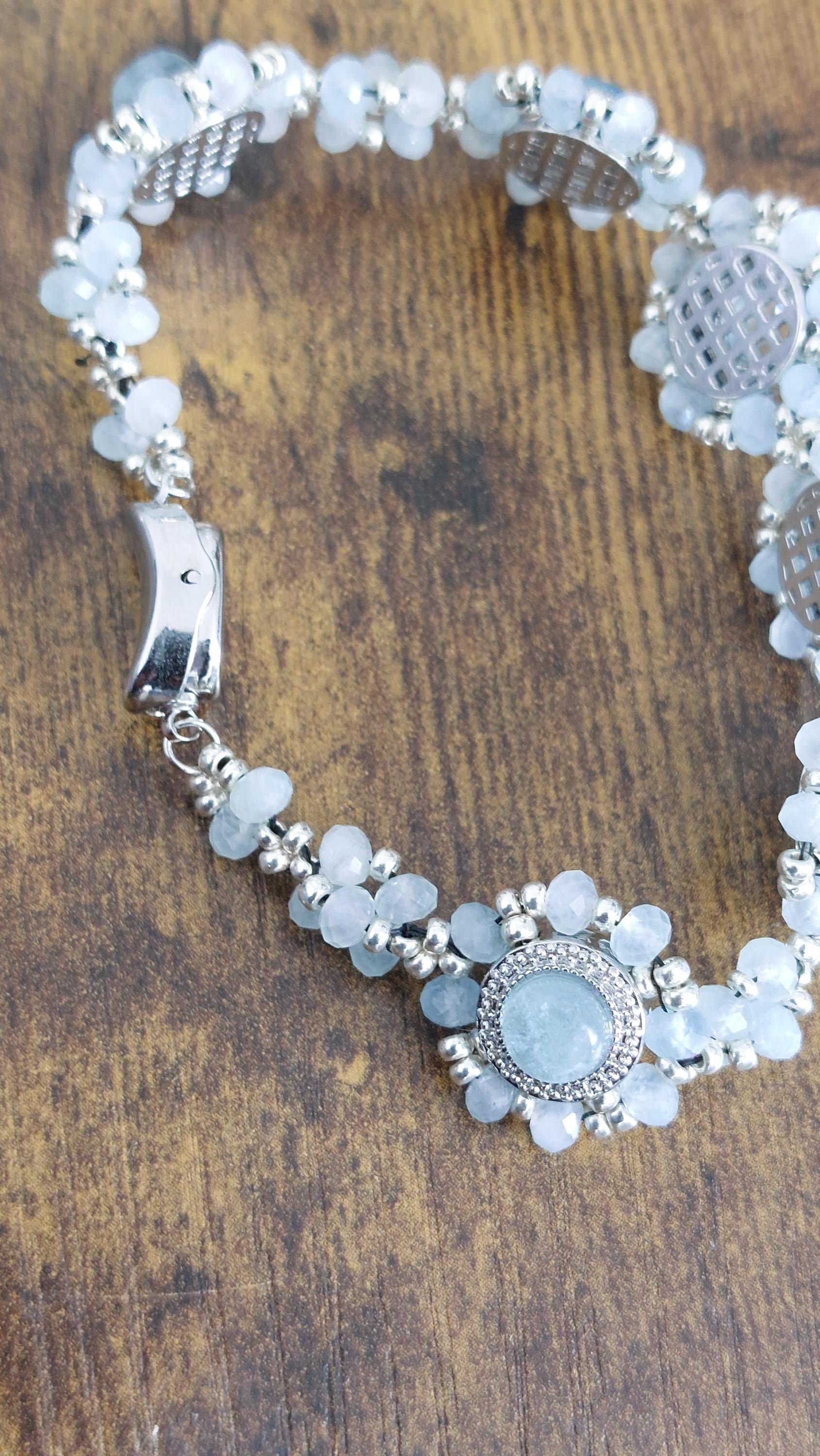 Aquamarine Beaded Bracelet: CZ & Miyuki Seed Bead Links