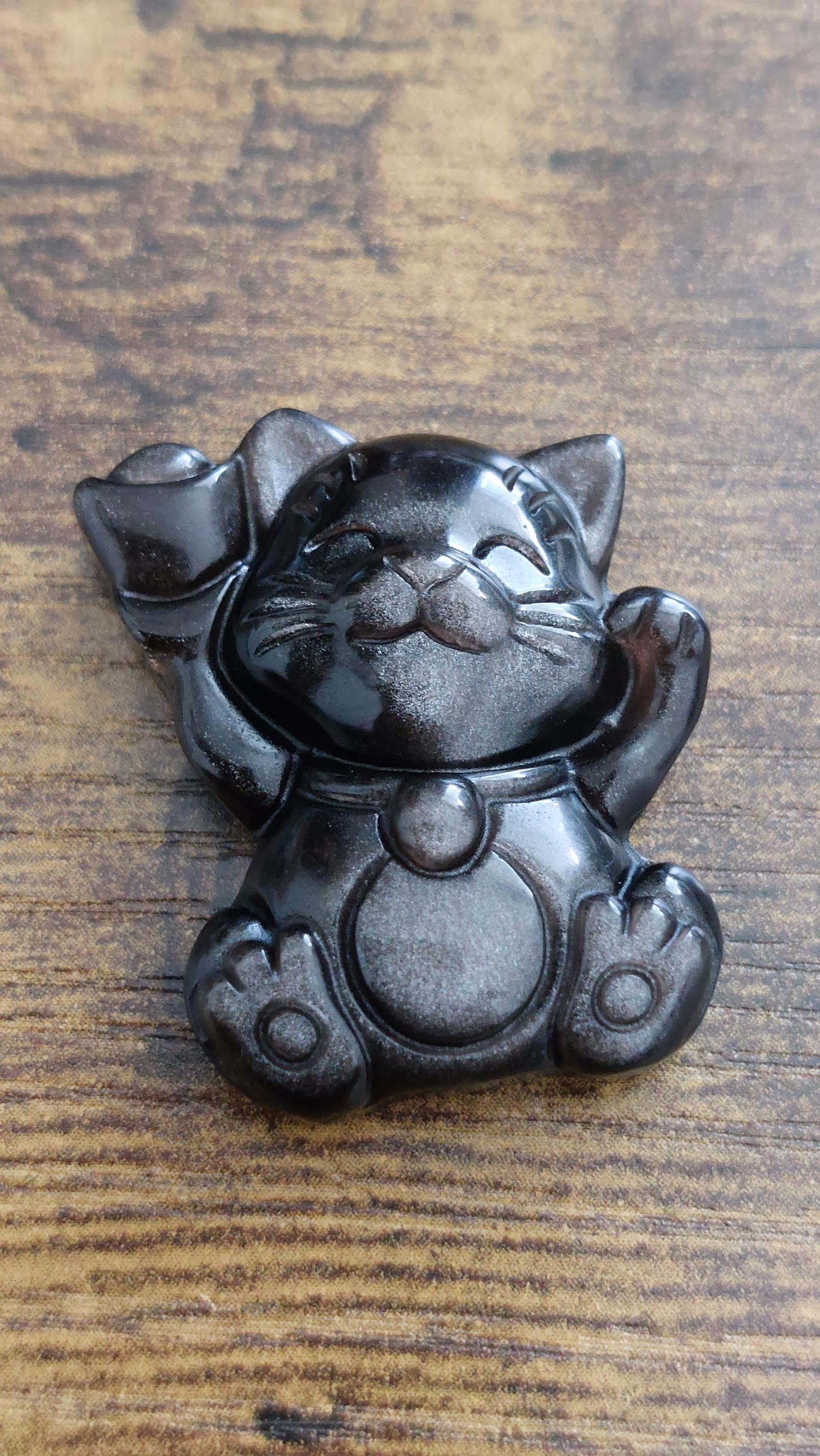 natural silver obsidian pendant fortune cat