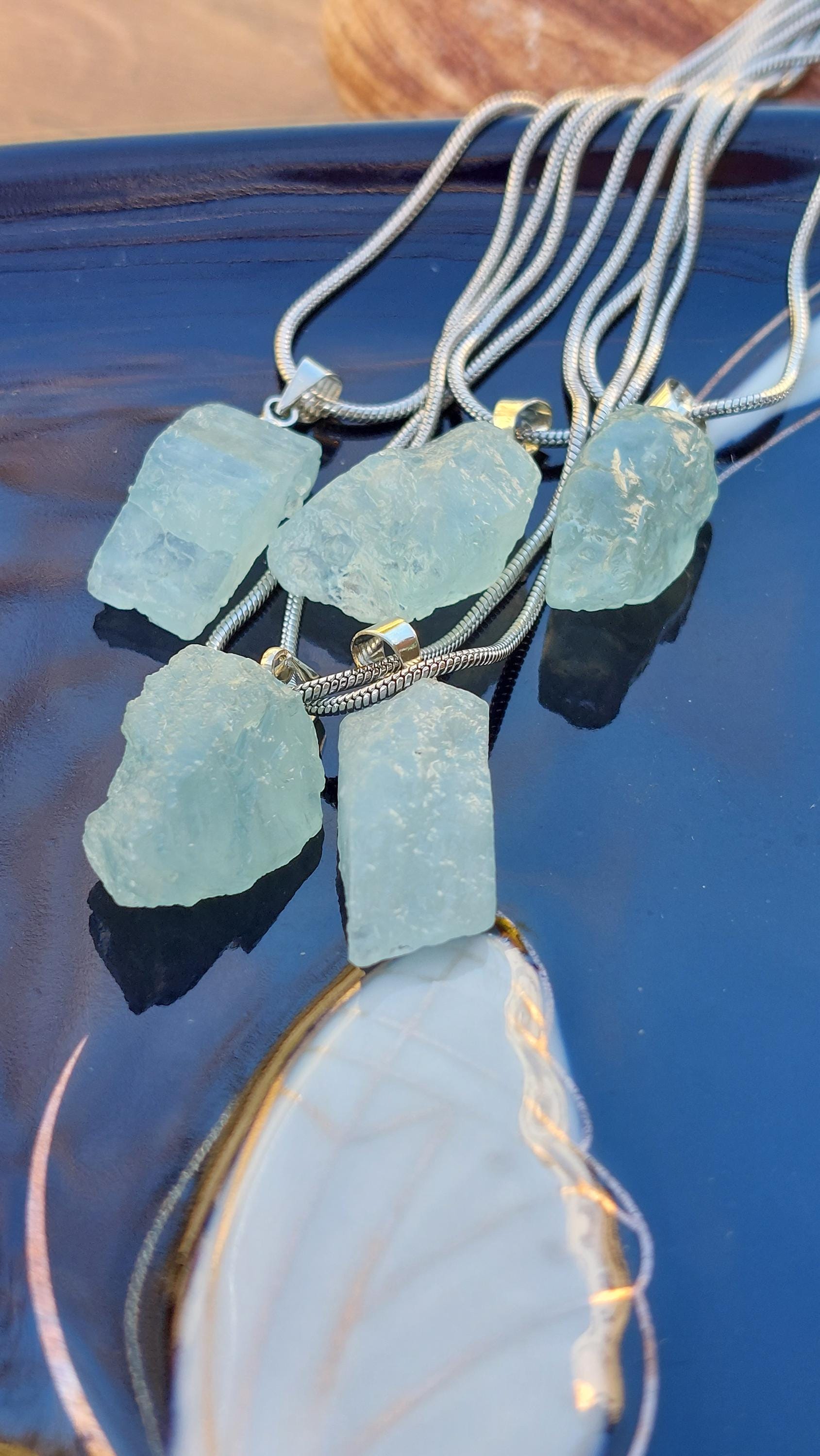 natural aquamarine rough nuggets pendants with stainless steel chains