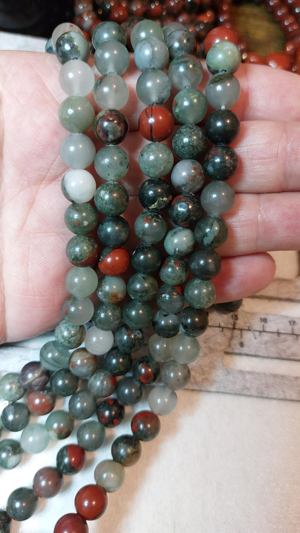 8 mm natural bloodstone beads, 15 inch strand.