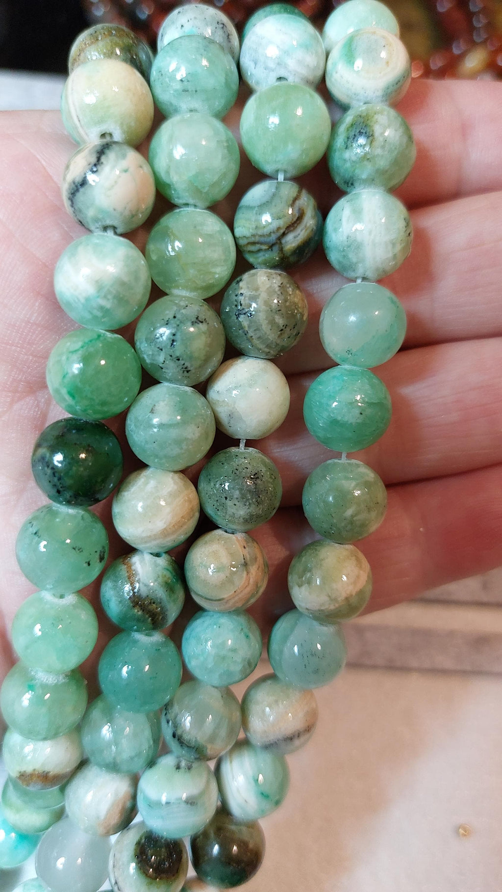 10mm natural Green Line Jasper beads, 15" strand