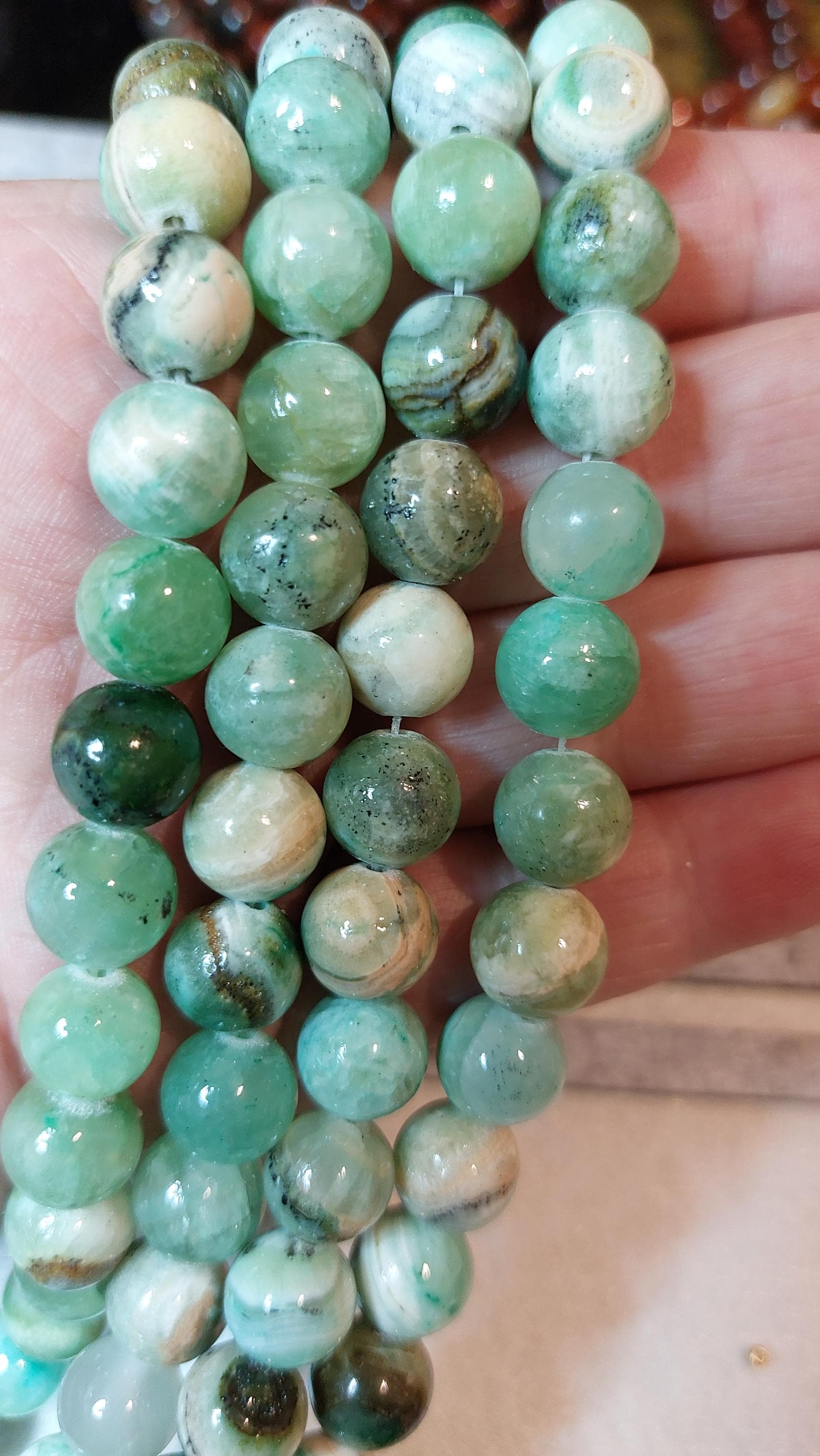 10mm natural Green Line Jasper beads, 15" strand