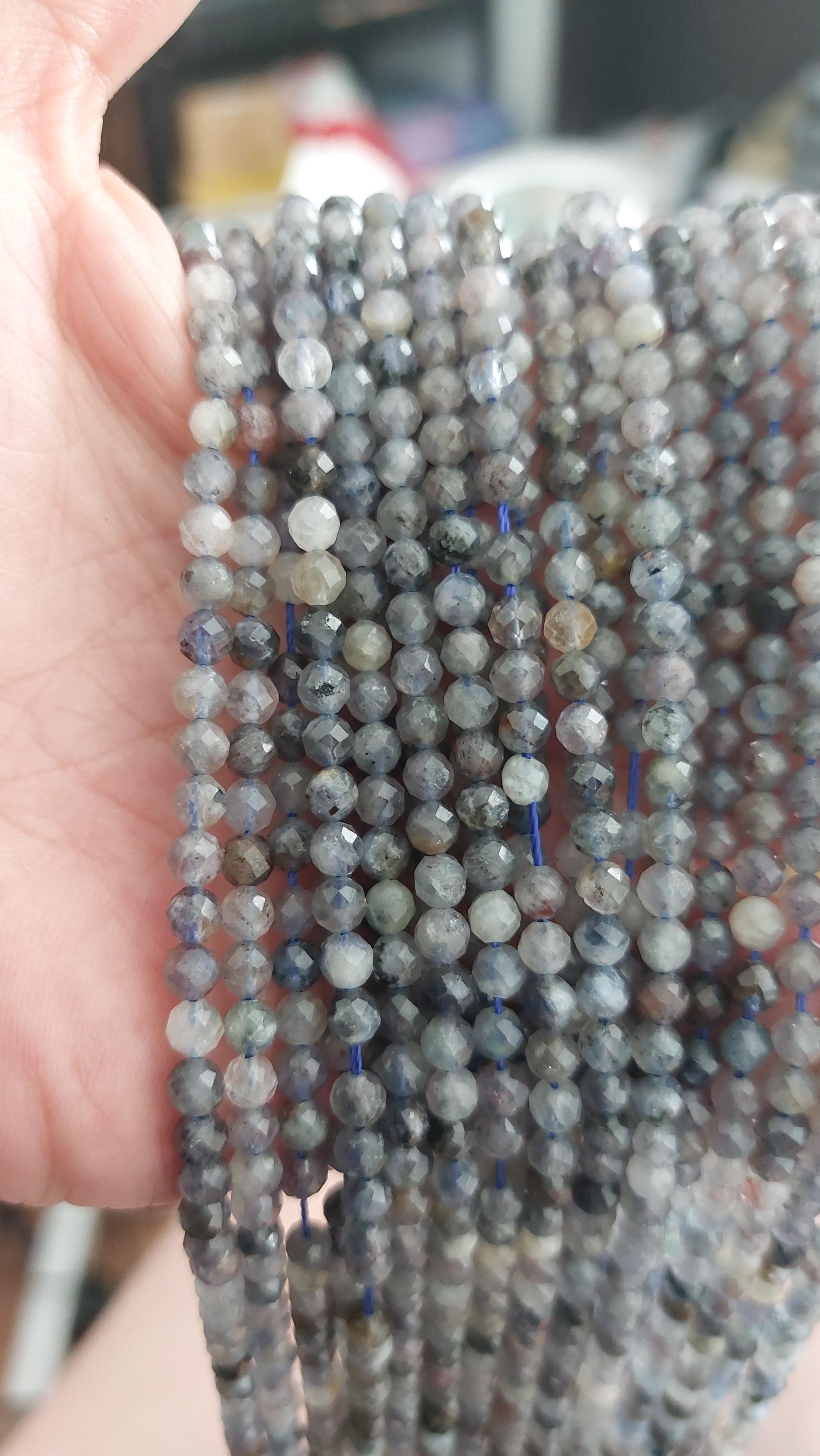 Natural Mixed Iolite & Rutilated Quartz Faceted Beads 4mm