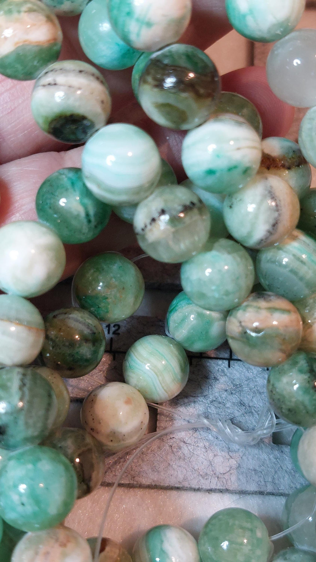 10mm natural Green Line Jasper beads, 15" strand