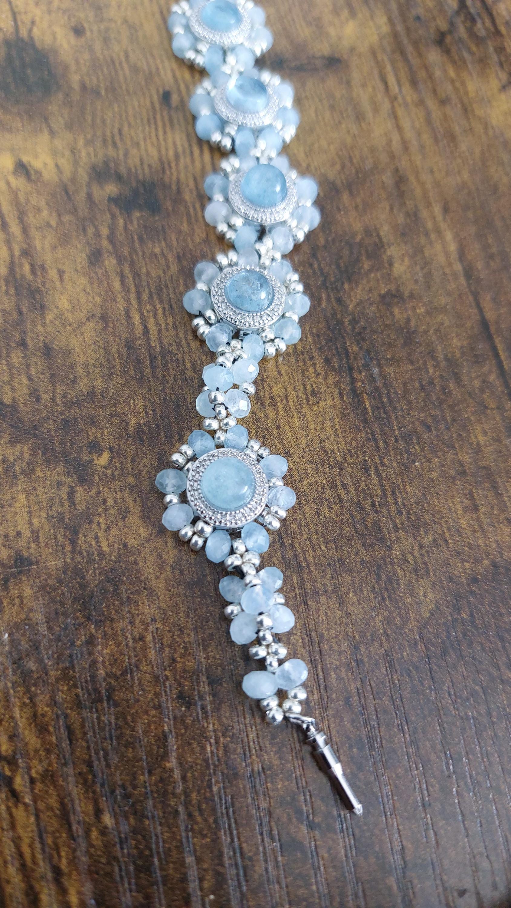 Aquamarine Beaded Bracelet: CZ & Miyuki Seed Bead Links